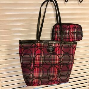Pink & Purple Plaid Coach Bag w/ Make Up Case